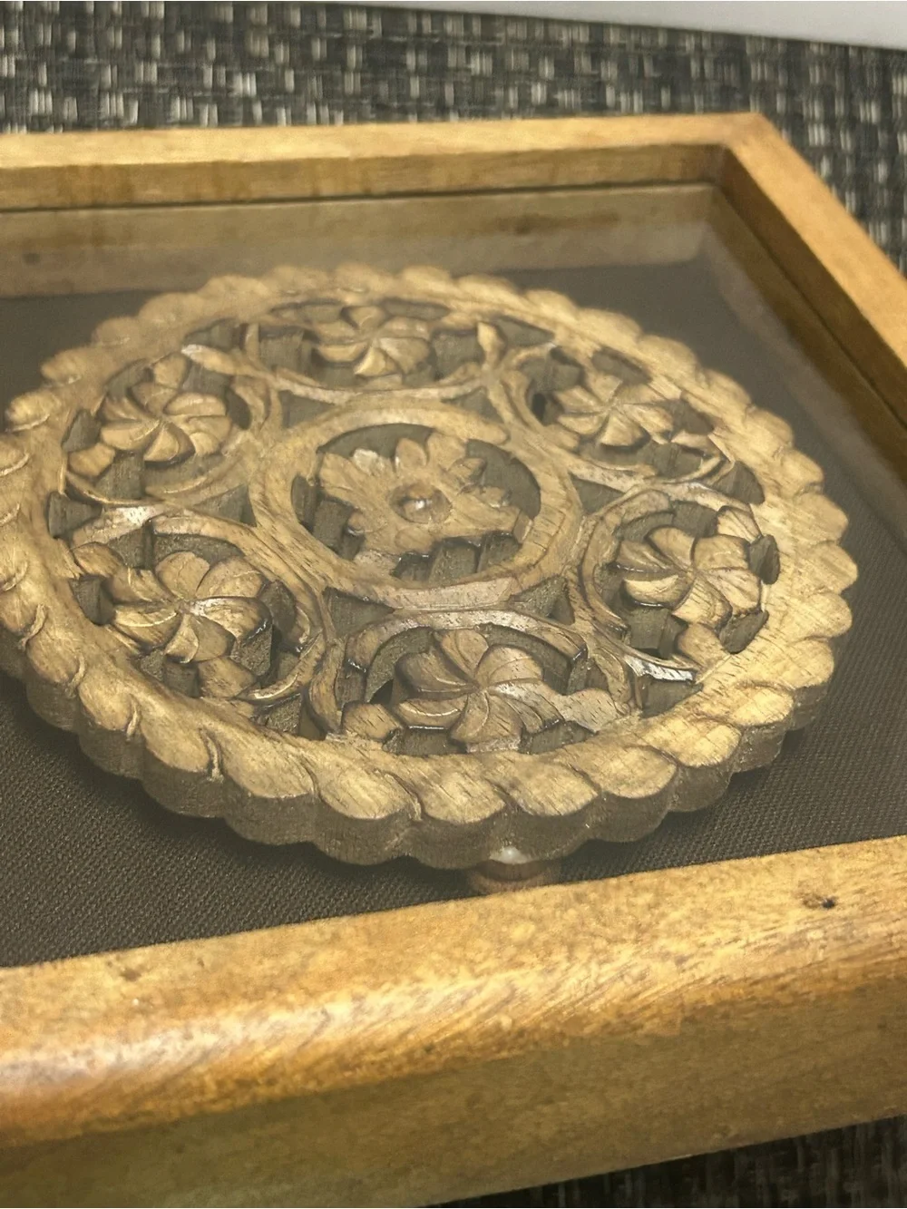 Hand Carved Wood Fretwork Framed Shadow Box Wall Art Medallion Decor